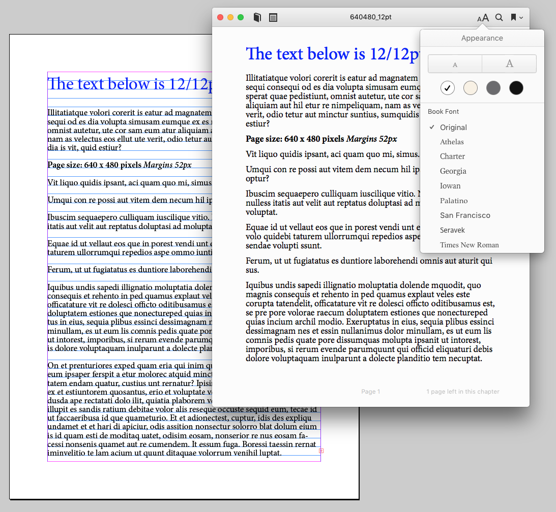 InDesign actual size and iBooks with text up one notch