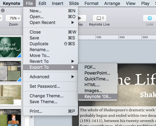 Export as a Keynote 9 file